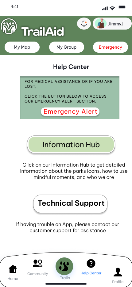 Image of the help center on the trails aid app